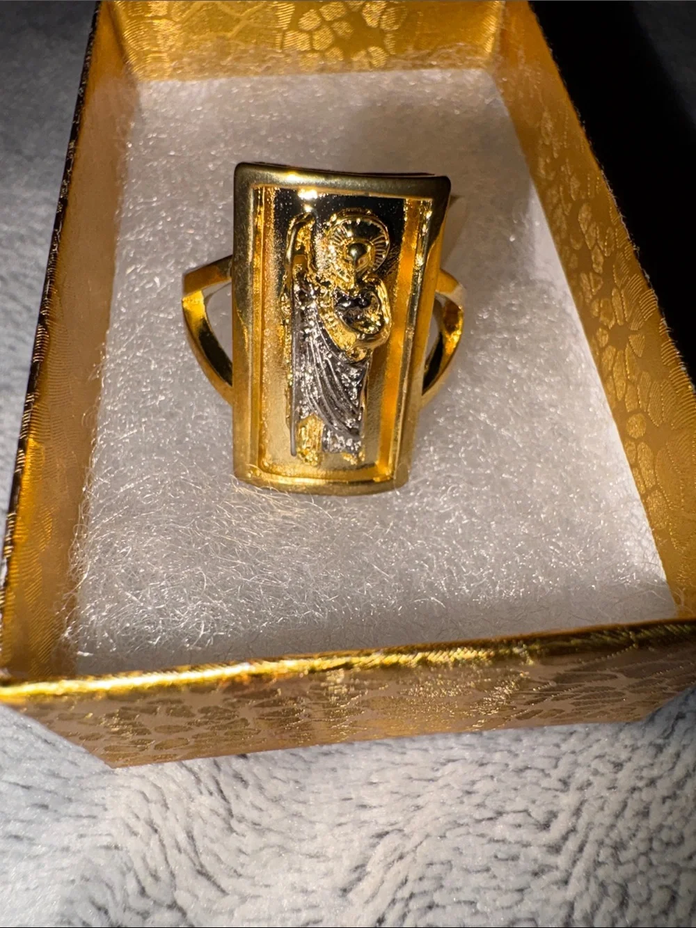 GOLD PLATED 2-TONE SAN JUDAS, SAINT JUDE SQUARE RING